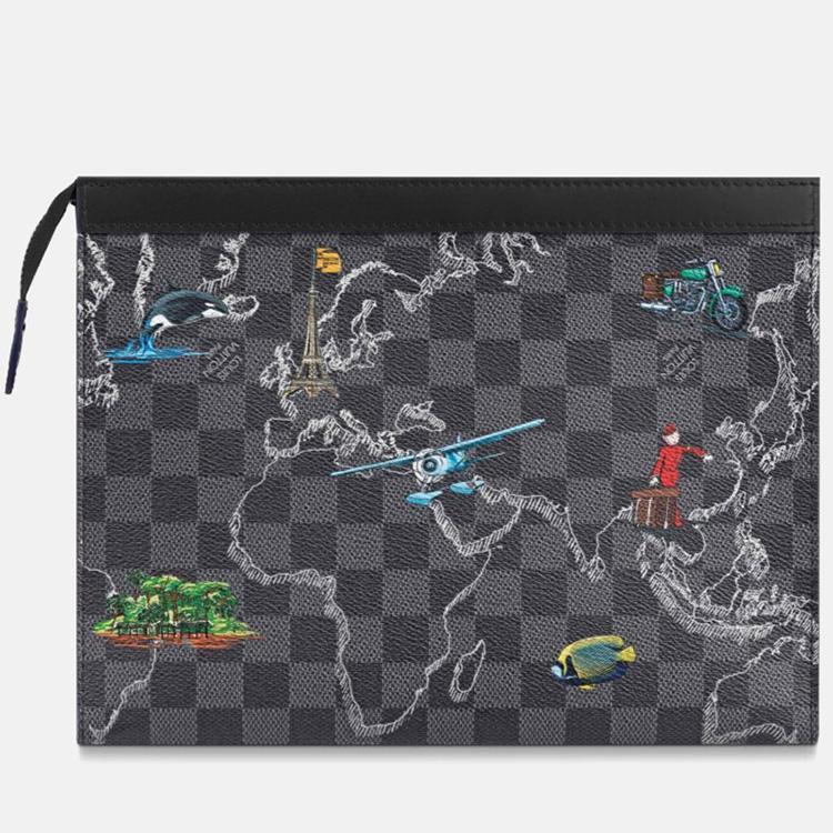 ルイ・ヴィトンメンズバッグラグジュアリーチェッカーボードルネッサンス地図作成スタイルメンズクラッチ