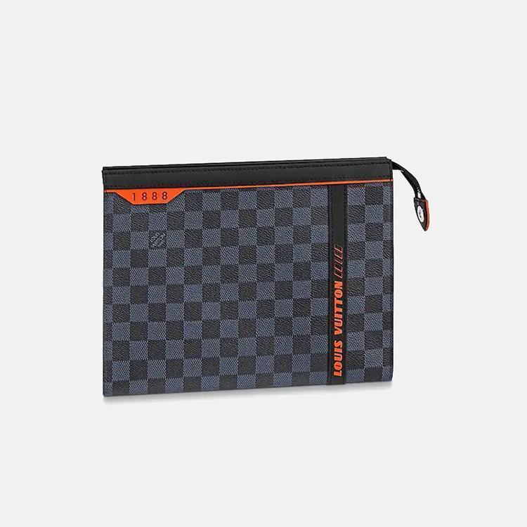 ルイ・ヴィトンメンズクラッチポシェットボヤージュカラーブロックレザートリミングチェッカードコーティングキャンバスファブリックミディアム