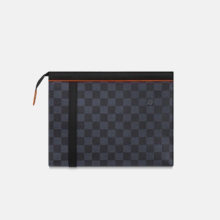 ルイ・ヴィトンメンズクラッチポシェットボヤージュカラーブロックレザートリミングチェッカードコーティングキャンバスファブリックミディアム